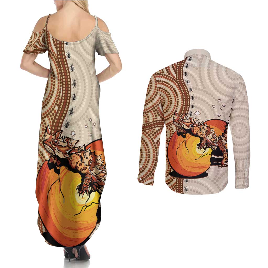 Thorny Devil Australia Couples Matching Summer Maxi Dress and Long Sleeve Button Shirt Baby Moloch Horridus With Ants - Aboriginal Art