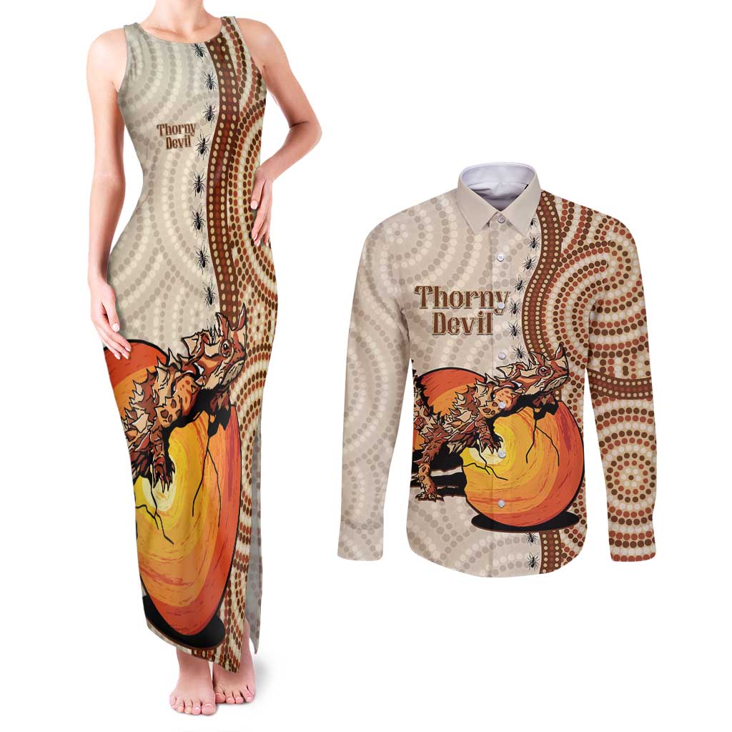 Thorny Devil Australia Couples Matching Tank Maxi Dress and Long Sleeve Button Shirt Baby Moloch Horridus With Ants - Aboriginal Art