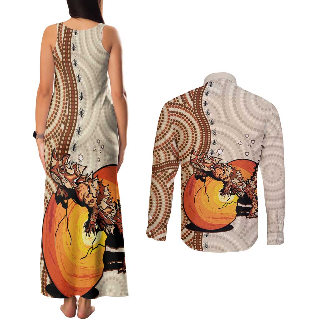 Thorny Devil Australia Couples Matching Tank Maxi Dress and Long Sleeve Button Shirt Baby Moloch Horridus With Ants - Aboriginal Art