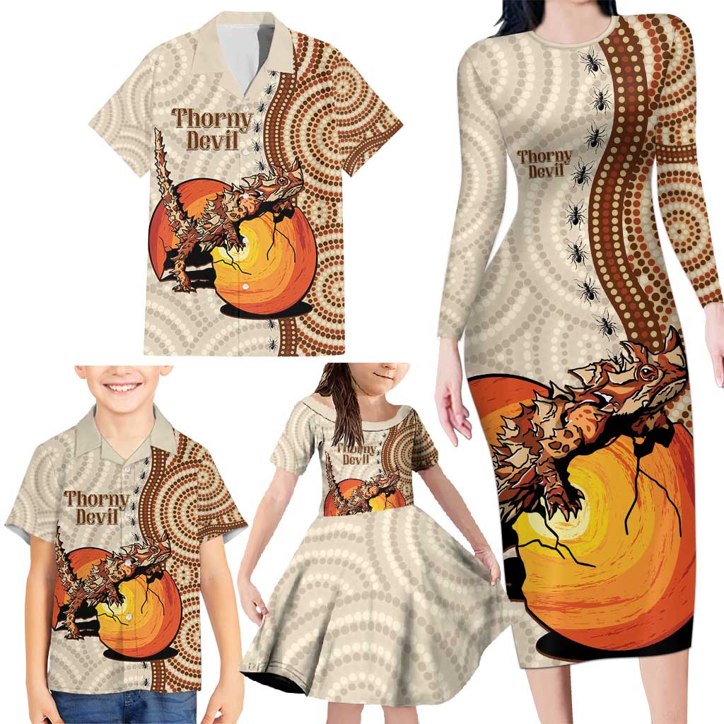 Thorny Devil Australia Family Matching Long Sleeve Bodycon Dress and Hawaiian Shirt Baby Moloch Horridus With Ants - Aboriginal Art