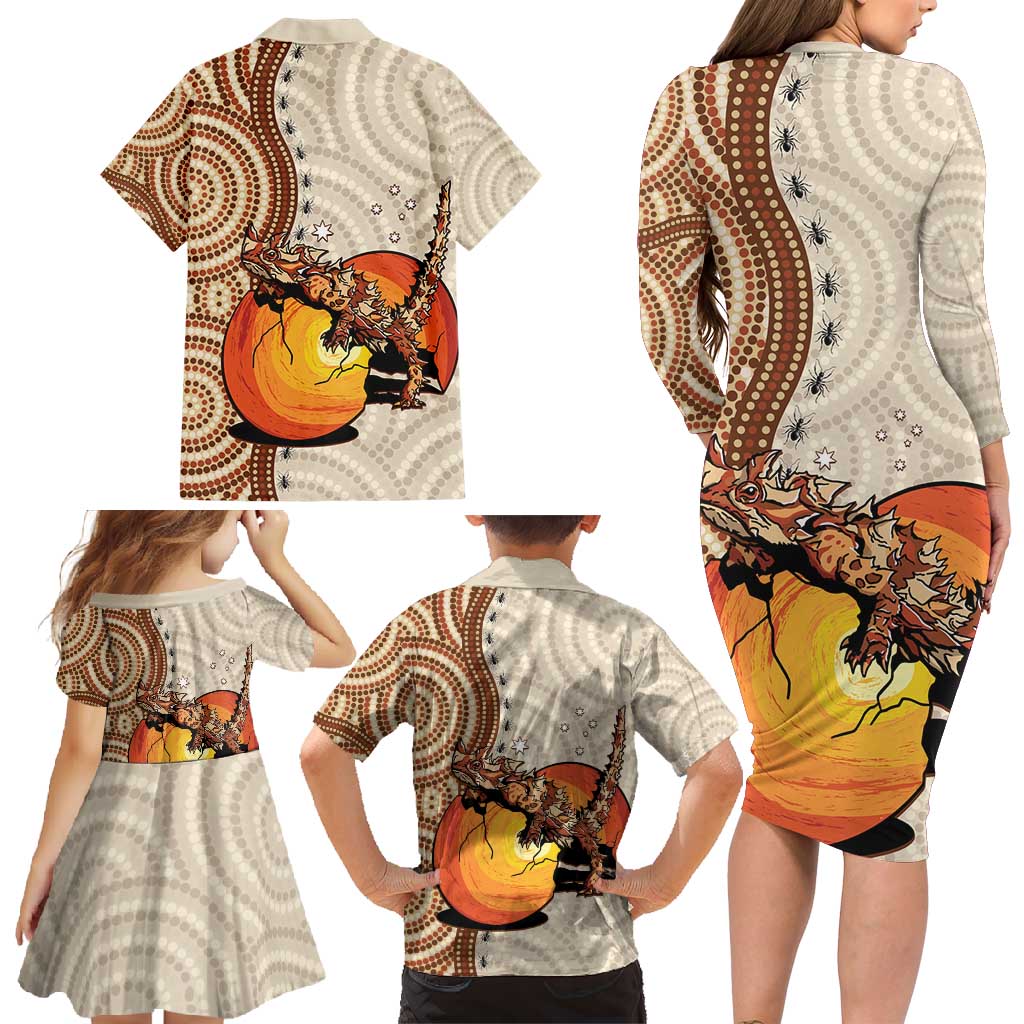Thorny Devil Australia Family Matching Long Sleeve Bodycon Dress and Hawaiian Shirt Baby Moloch Horridus With Ants - Aboriginal Art