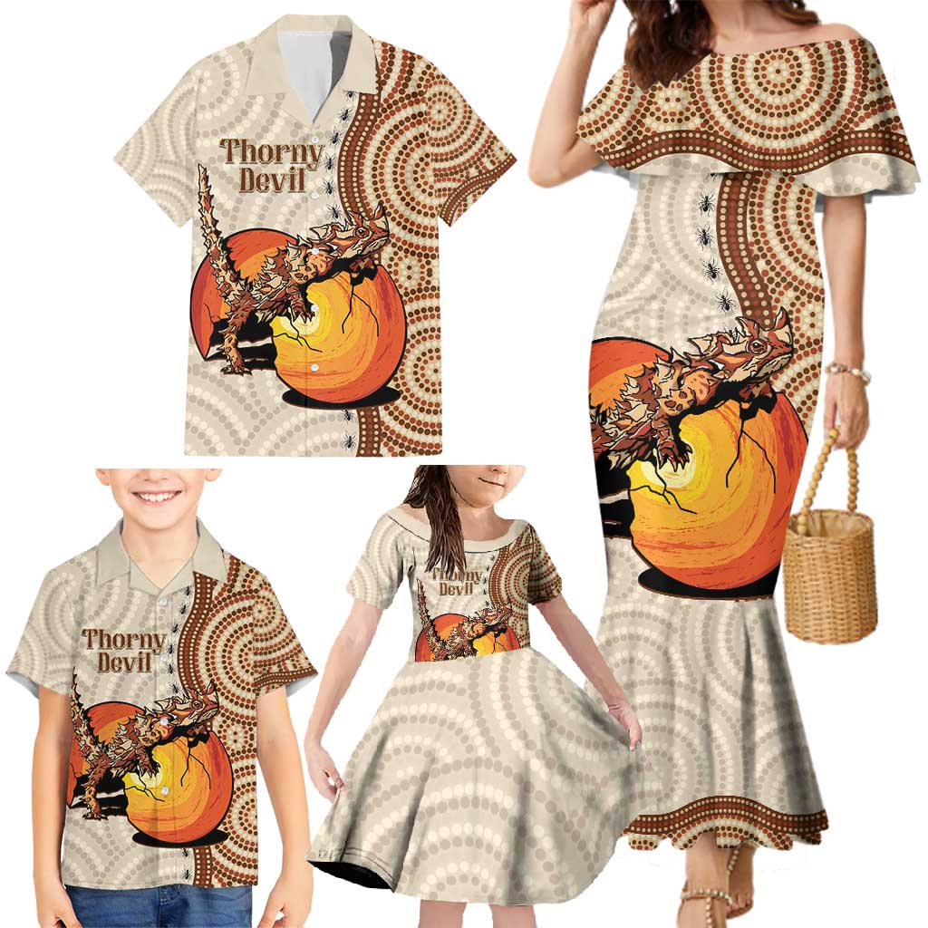 Thorny Devil Australia Family Matching Mermaid Dress and Hawaiian Shirt Baby Moloch Horridus With Ants - Aboriginal Art