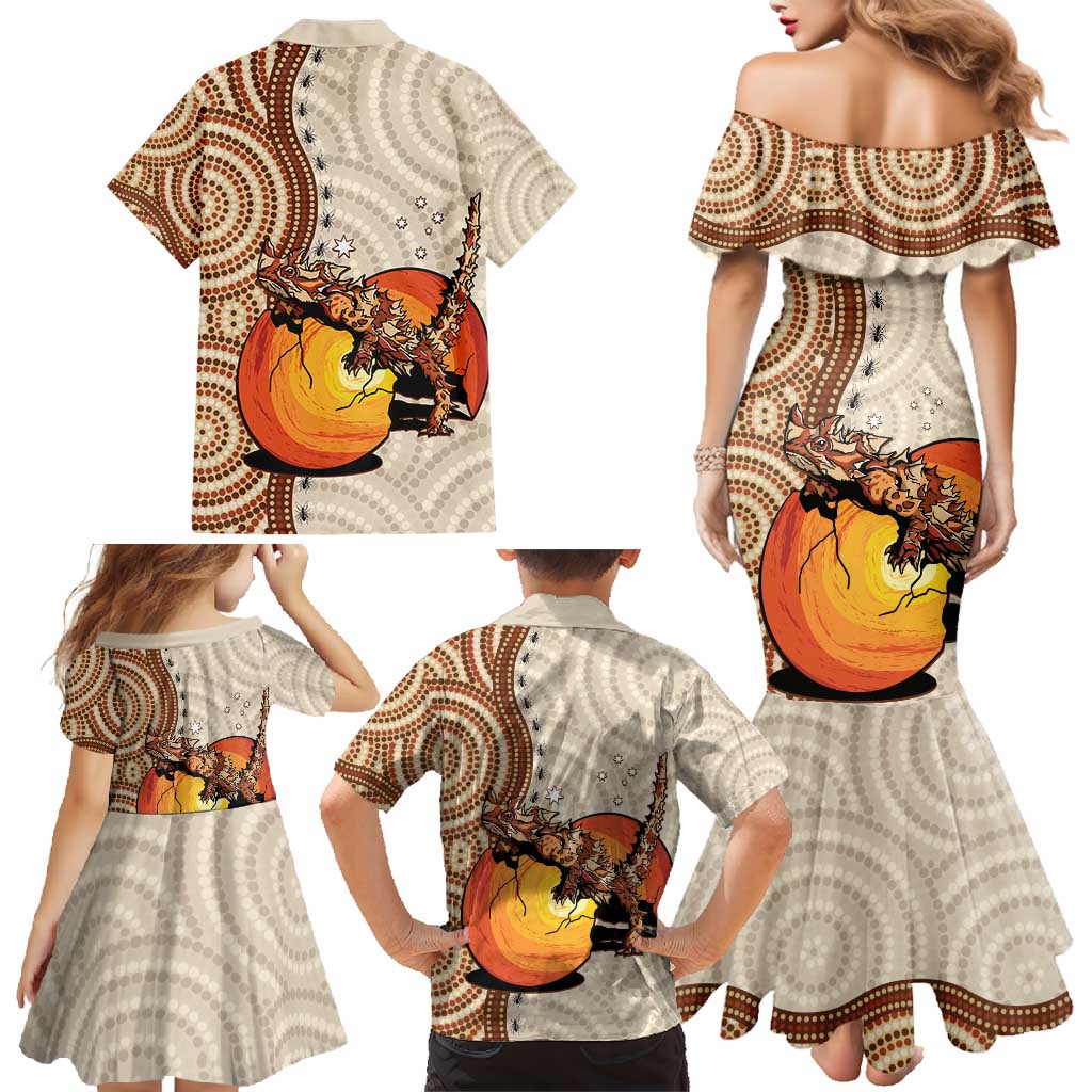 Thorny Devil Australia Family Matching Mermaid Dress and Hawaiian Shirt Baby Moloch Horridus With Ants - Aboriginal Art