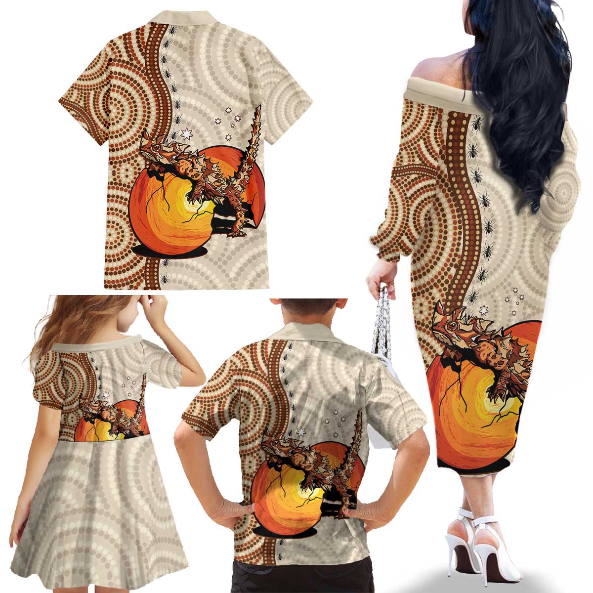 Thorny Devil Australia Family Matching Off The Shoulder Long Sleeve Dress and Hawaiian Shirt Baby Moloch Horridus With Ants - Aboriginal Art