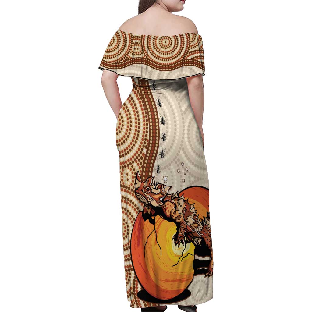 Thorny Devil Australia Family Matching Off Shoulder Maxi Dress and Hawaiian Shirt Baby Moloch Horridus With Ants - Aboriginal Art