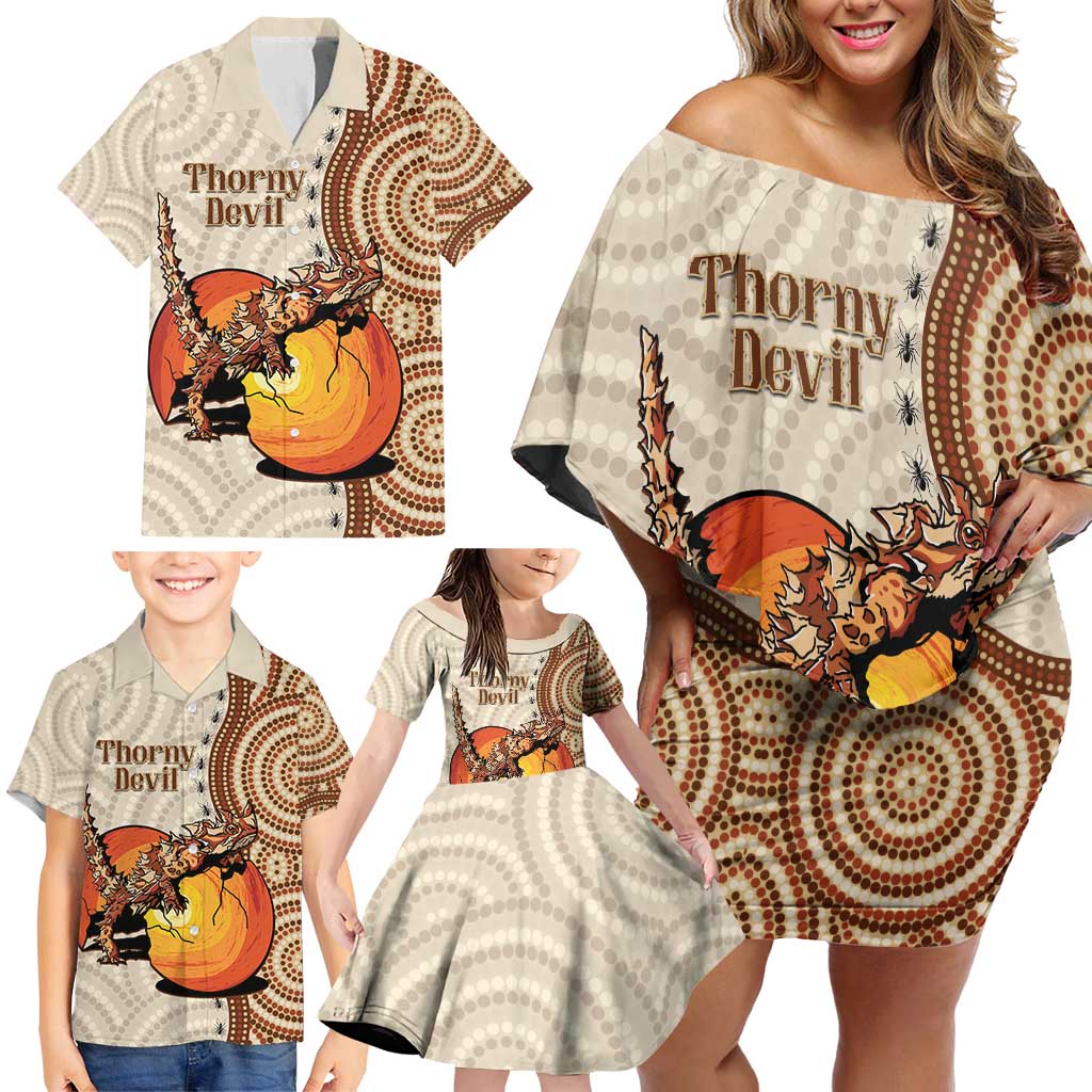 Thorny Devil Australia Family Matching Off Shoulder Short Dress and Hawaiian Shirt Baby Moloch Horridus With Ants - Aboriginal Art