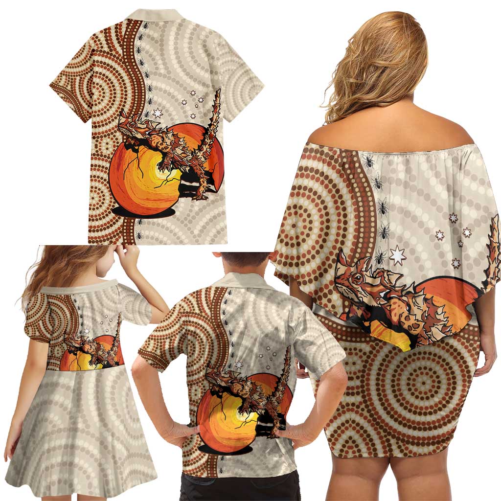 Thorny Devil Australia Family Matching Off Shoulder Short Dress and Hawaiian Shirt Baby Moloch Horridus With Ants - Aboriginal Art