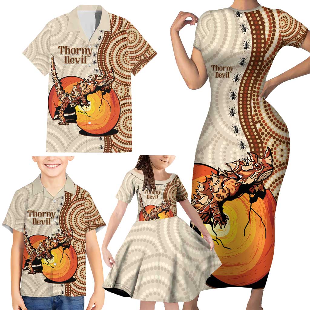 Thorny Devil Australia Family Matching Short Sleeve Bodycon Dress and Hawaiian Shirt Baby Moloch Horridus With Ants - Aboriginal Art
