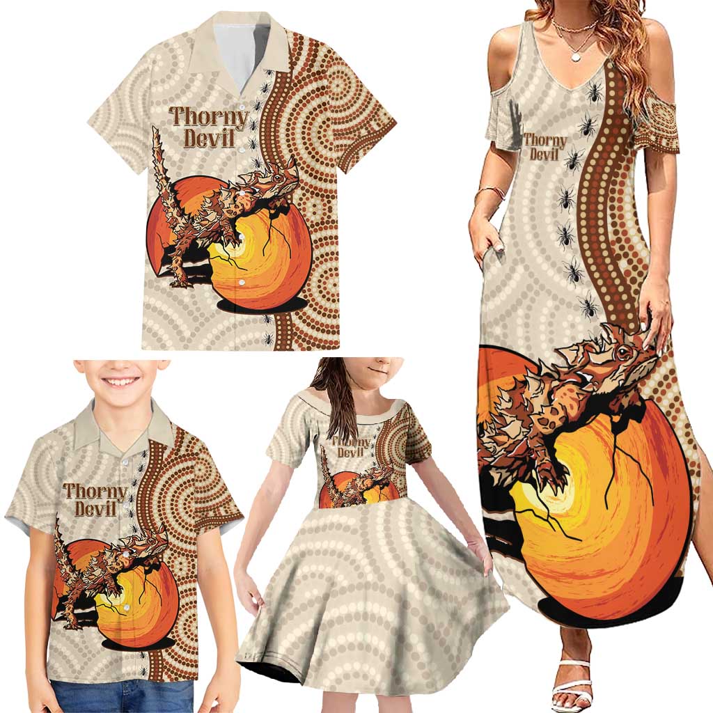 Thorny Devil Australia Family Matching Summer Maxi Dress and Hawaiian Shirt Baby Moloch Horridus With Ants - Aboriginal Art