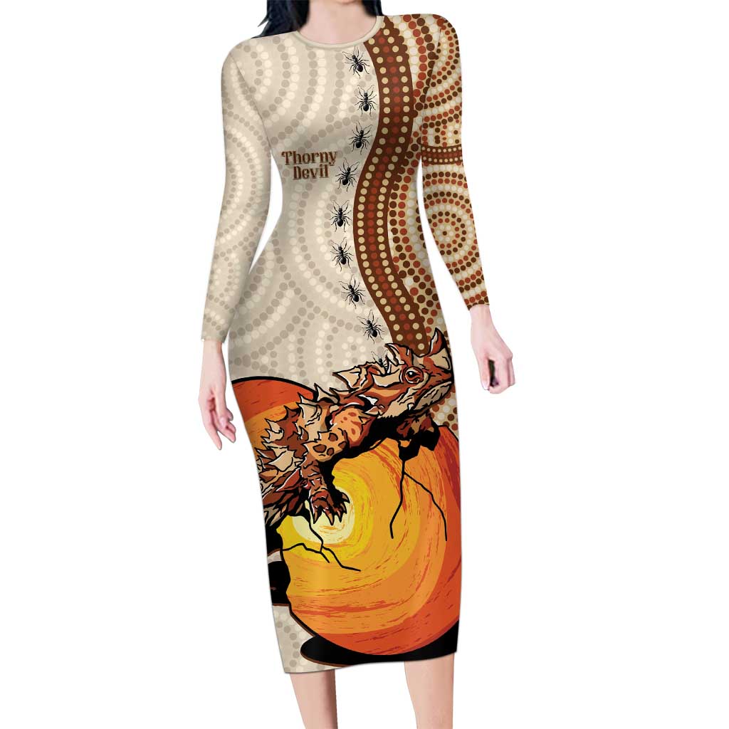 Thorny Devil Australia Long Sleeve Bodycon Dress Baby Moloch Horridus With Ants - Aboriginal Art