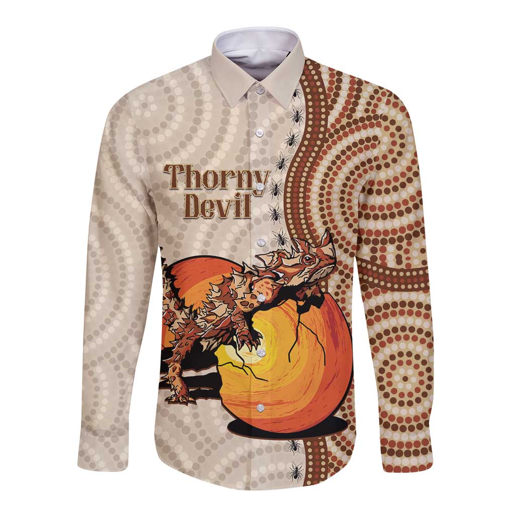 Thorny Devil Australia Long Sleeve Button Shirt Baby Moloch Horridus With Ants - Aboriginal Art