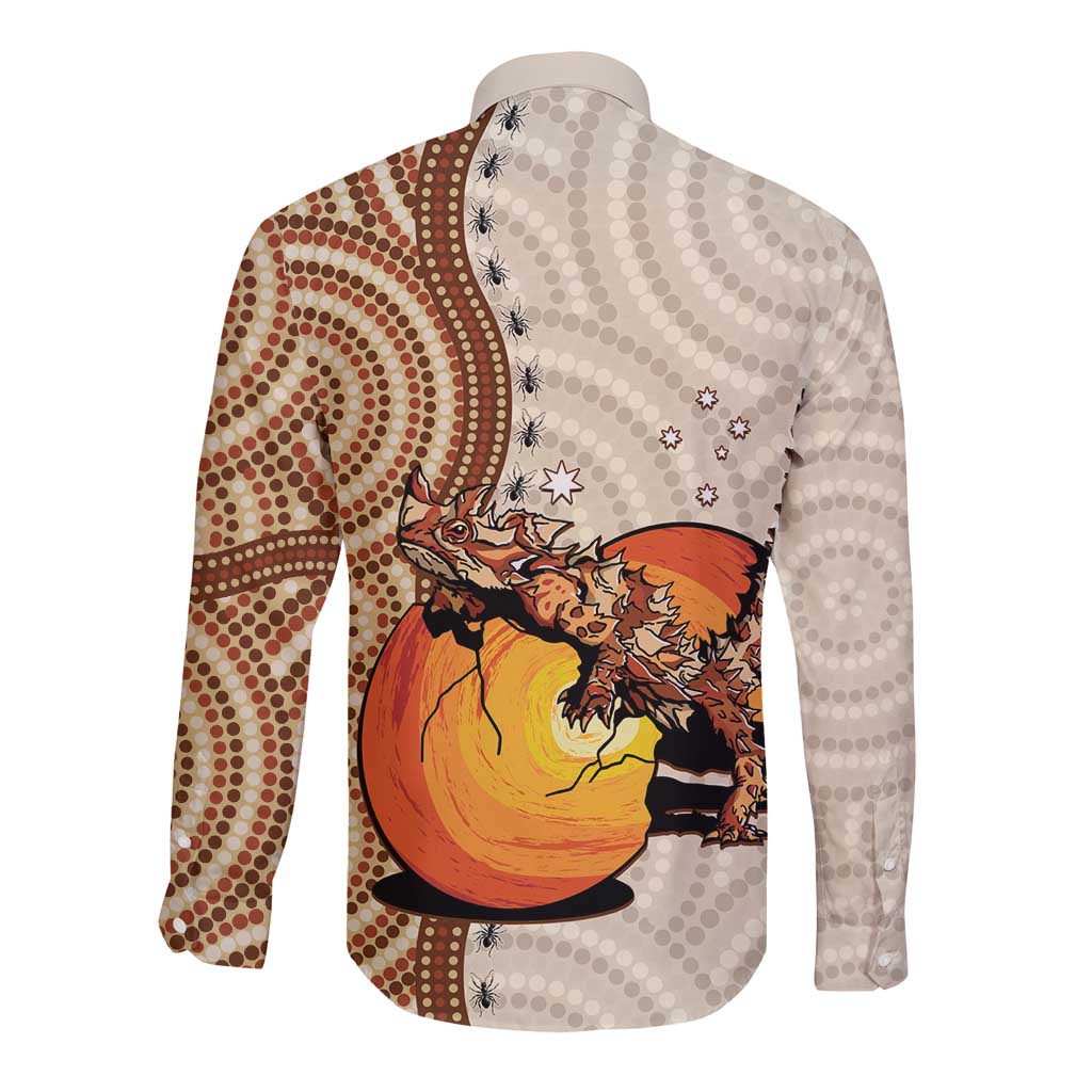 Thorny Devil Australia Long Sleeve Button Shirt Baby Moloch Horridus With Ants - Aboriginal Art