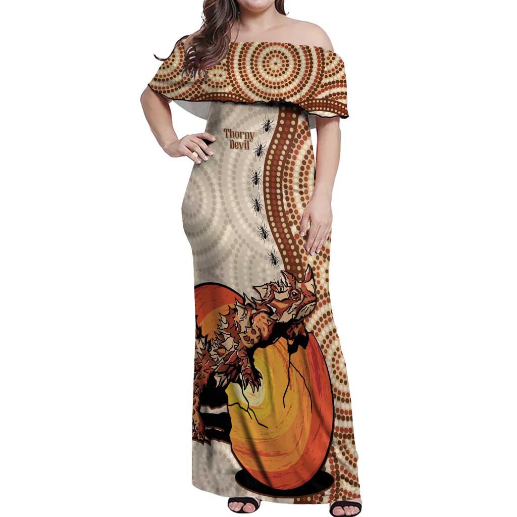 Thorny Devil Australia Off Shoulder Maxi Dress Baby Moloch Horridus With Ants - Aboriginal Art