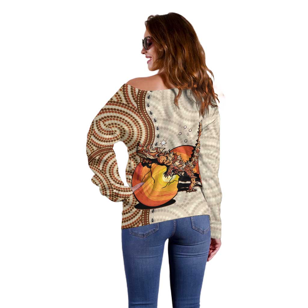 Thorny Devil Australia Off Shoulder Sweater Baby Moloch Horridus With Ants - Aboriginal Art