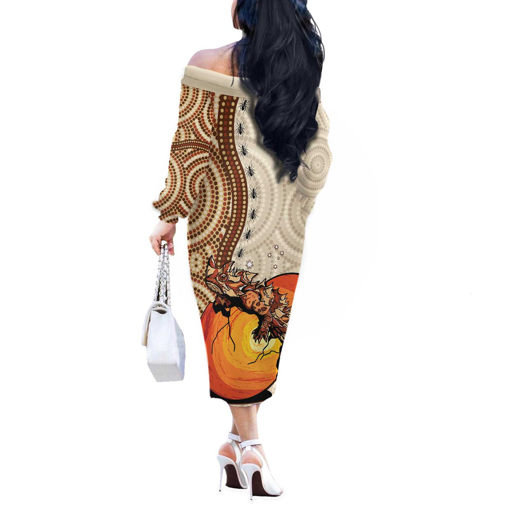 Thorny Devil Australia Off The Shoulder Long Sleeve Dress Baby Moloch Horridus With Ants - Aboriginal Art