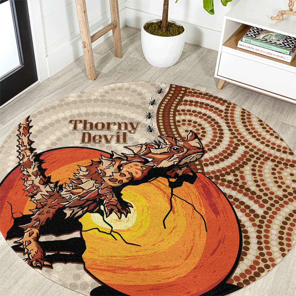 Thorny Devil Australia Round Carpet Baby Moloch Horridus With Ants - Aboriginal Art