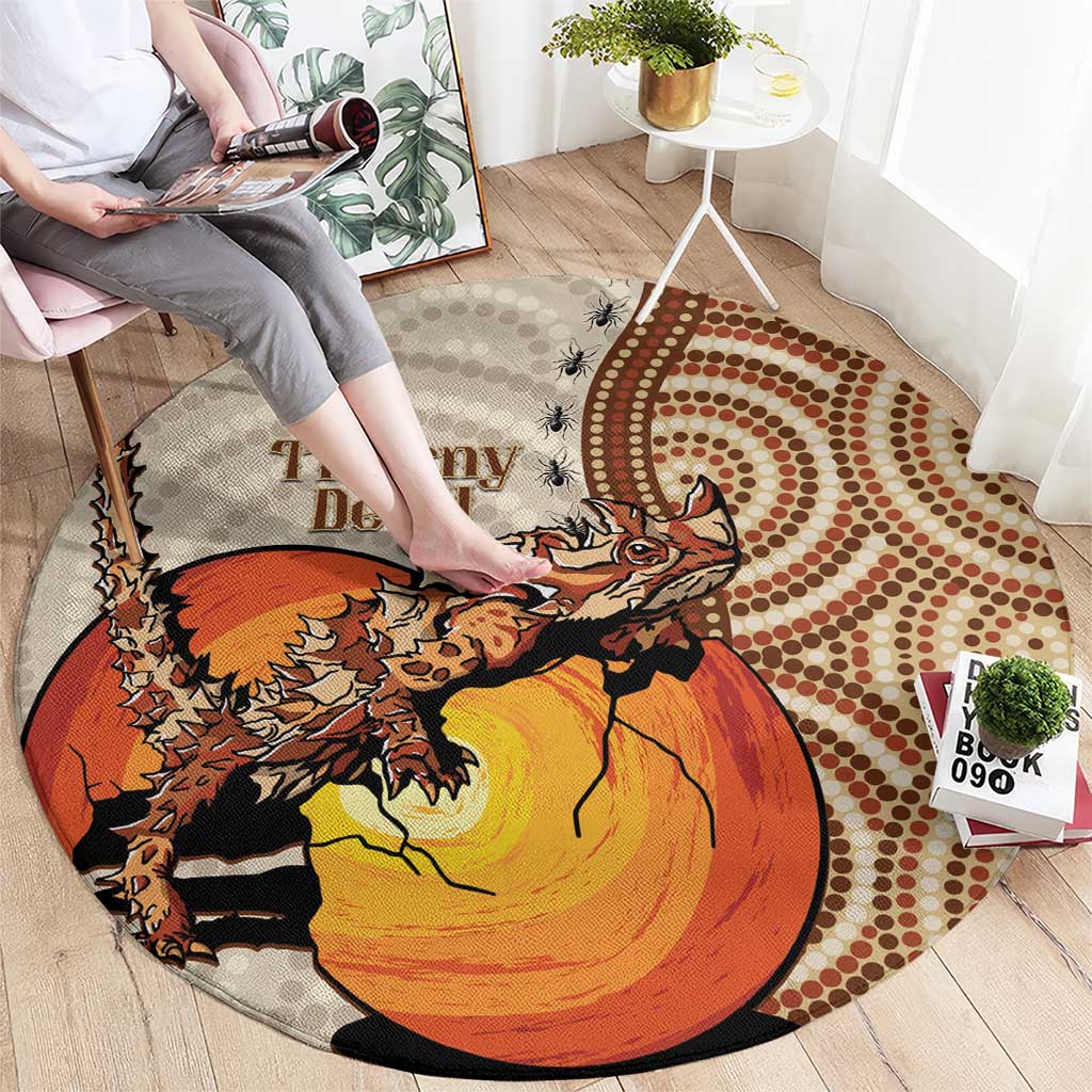 Thorny Devil Australia Round Carpet Baby Moloch Horridus With Ants - Aboriginal Art