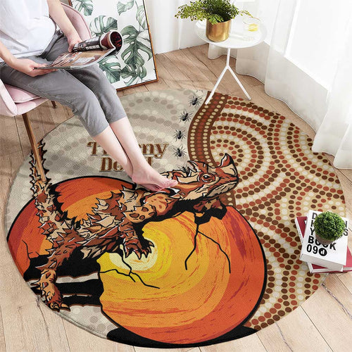Thorny Devil Australia Round Carpet Baby Moloch Horridus With Ants - Aboriginal Art