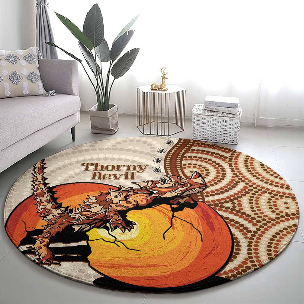 Thorny Devil Australia Round Carpet Baby Moloch Horridus With Ants - Aboriginal Art