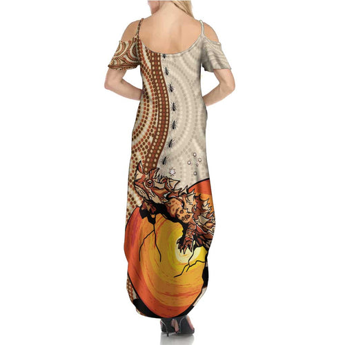 Thorny Devil Australia Summer Maxi Dress Baby Moloch Horridus With Ants - Aboriginal Art
