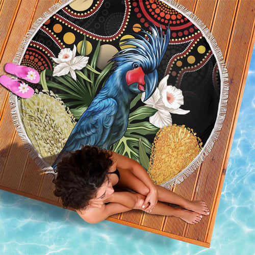 Australia Palm Cockatoo Beach Blanket Aussie Banksia - Aboriginal Pattern