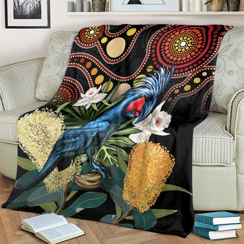 Australia Palm Cockatoo Blanket Aussie Banksia - Aboriginal Pattern
