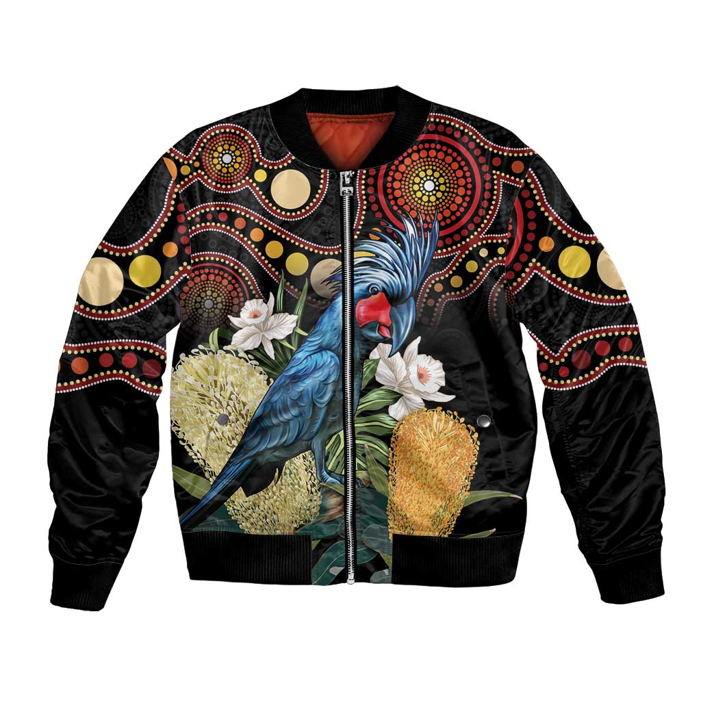 Australia Palm Cockatoo Bomber Jacket Aussie Banksia - Aboriginal Pattern