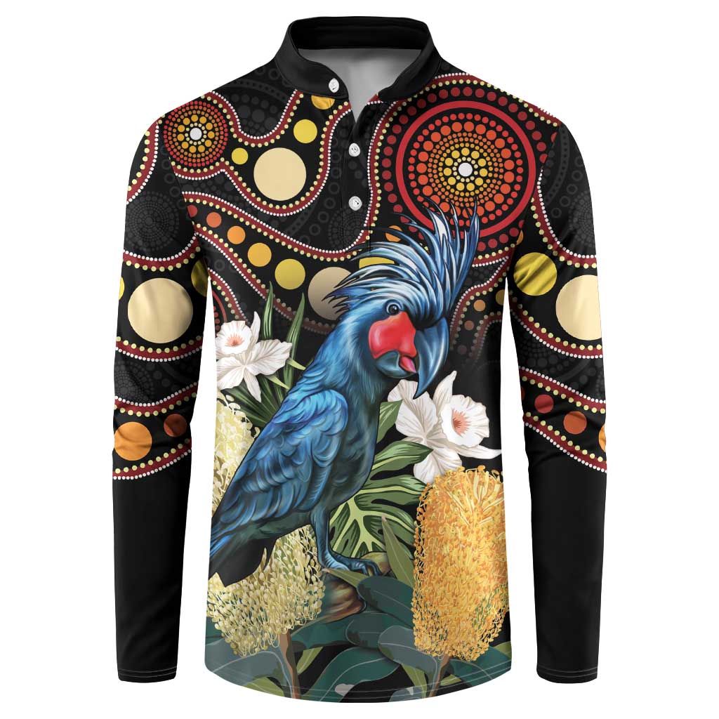 Australia Palm Cockatoo Button Sweatshirt Aussie Banksia - Aboriginal Pattern