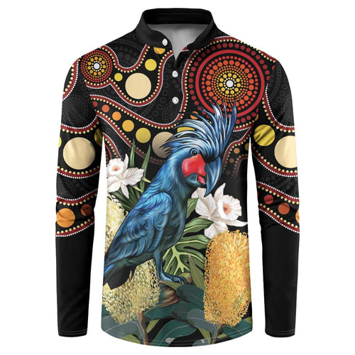 Australia Palm Cockatoo Button Sweatshirt Aussie Banksia - Aboriginal Pattern