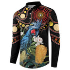 Australia Palm Cockatoo Button Sweatshirt Aussie Banksia - Aboriginal Pattern