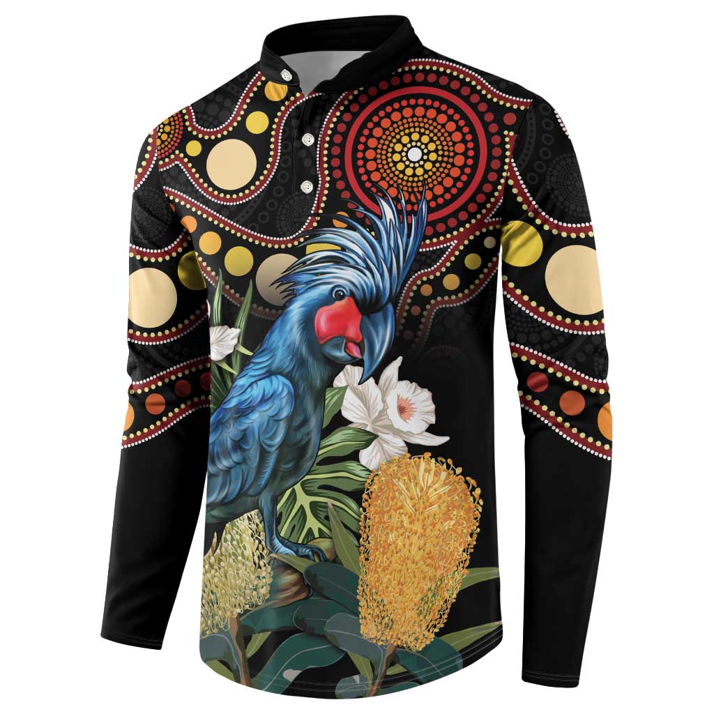 Australia Palm Cockatoo Button Sweatshirt Aussie Banksia - Aboriginal Pattern