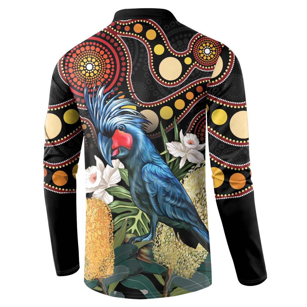 Australia Palm Cockatoo Button Sweatshirt Aussie Banksia - Aboriginal Pattern