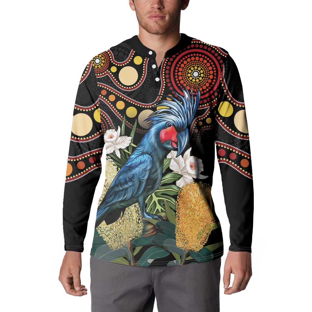 Australia Palm Cockatoo Button Sweatshirt Aussie Banksia - Aboriginal Pattern