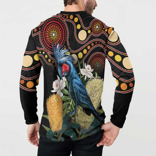 Australia Palm Cockatoo Button Sweatshirt Aussie Banksia - Aboriginal Pattern