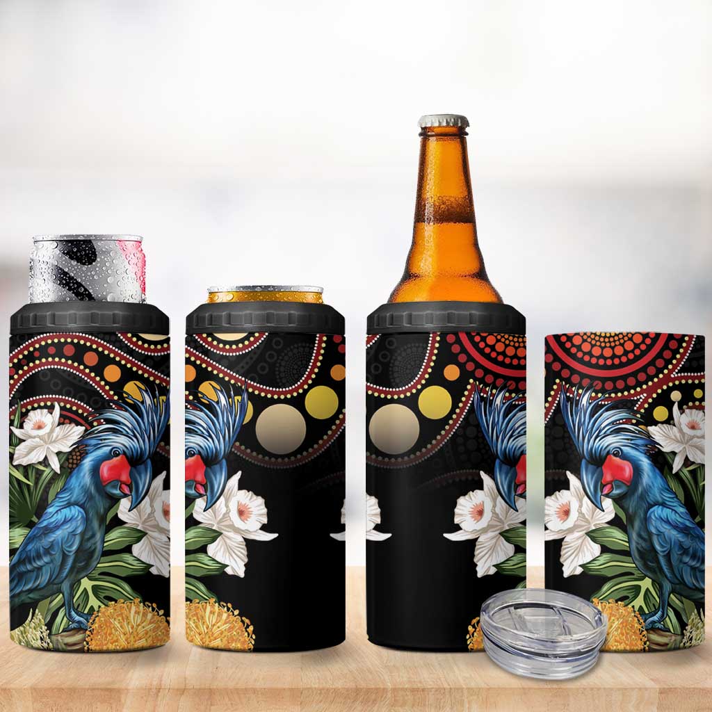 Australia Palm Cockatoo 4 in 1 Can Cooler Tumbler Aussie Banksia - Aboriginal Pattern