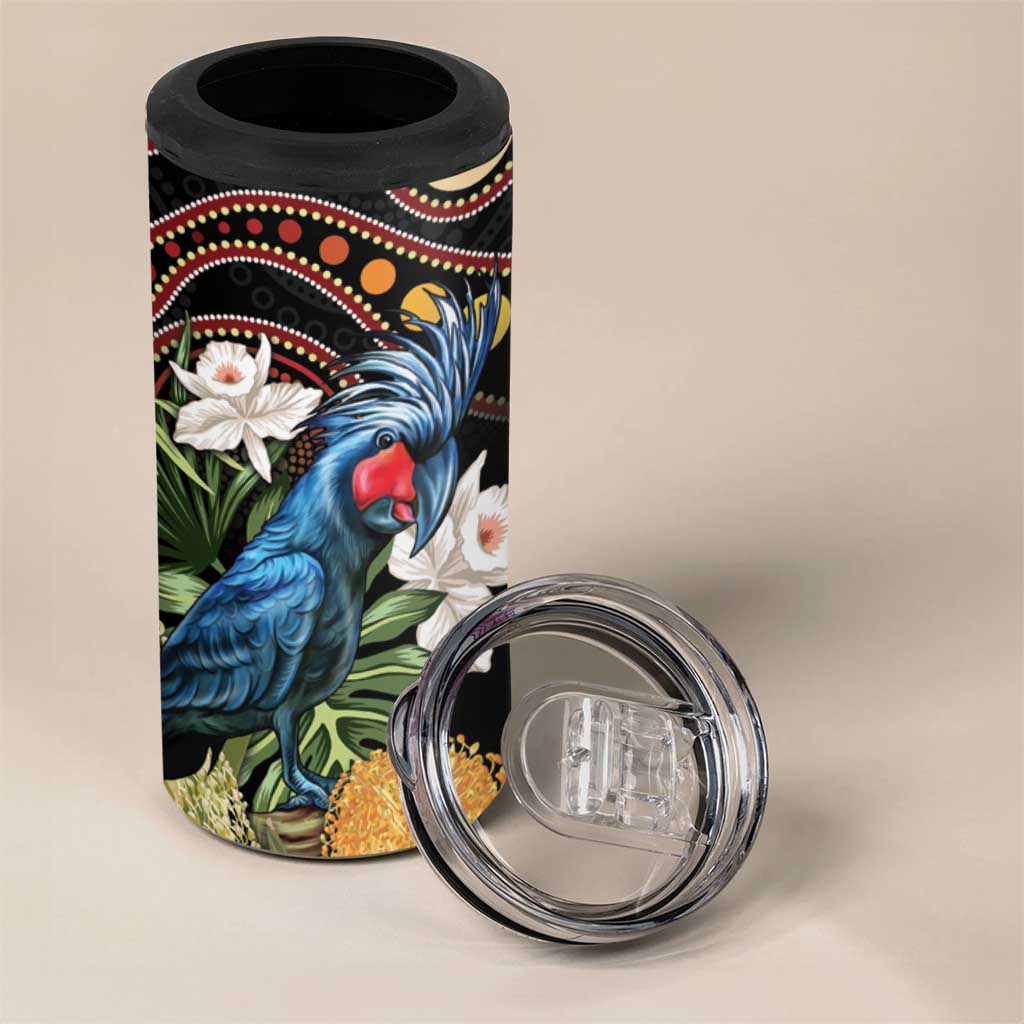 Australia Palm Cockatoo 4 in 1 Can Cooler Tumbler Aussie Banksia - Aboriginal Pattern