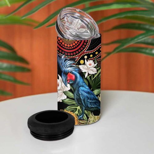 Australia Palm Cockatoo 4 in 1 Can Cooler Tumbler Aussie Banksia - Aboriginal Pattern