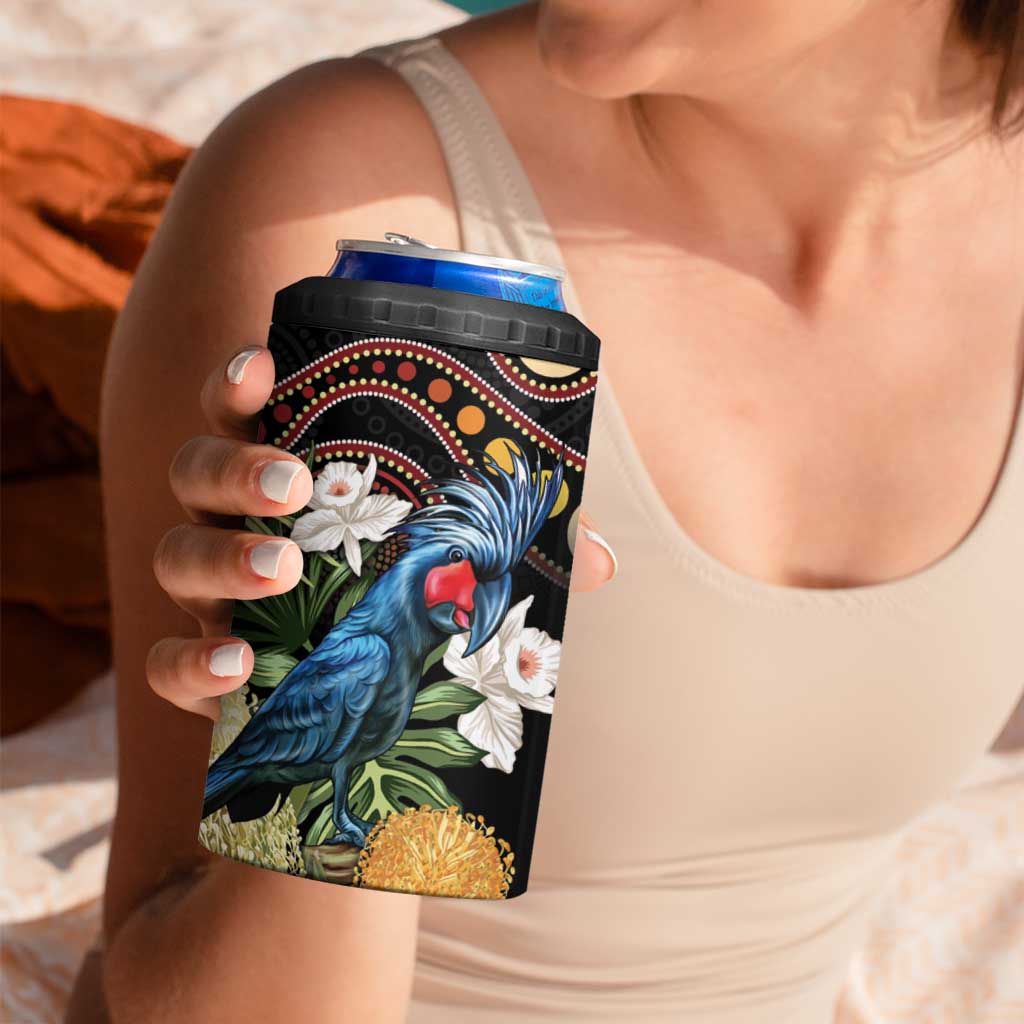 Australia Palm Cockatoo 4 in 1 Can Cooler Tumbler Aussie Banksia - Aboriginal Pattern