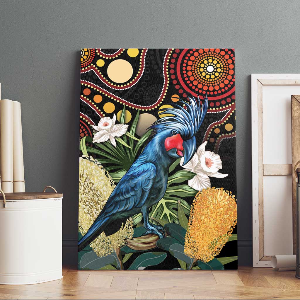 Australia Palm Cockatoo Canvas Wall Art Aussie Banksia - Aboriginal Pattern
