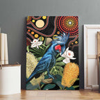 Australia Palm Cockatoo Canvas Wall Art Aussie Banksia - Aboriginal Pattern