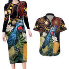 Australia Palm Cockatoo Couples Matching Long Sleeve Bodycon Dress and Hawaiian Shirt Aussie Banksia - Aboriginal Pattern