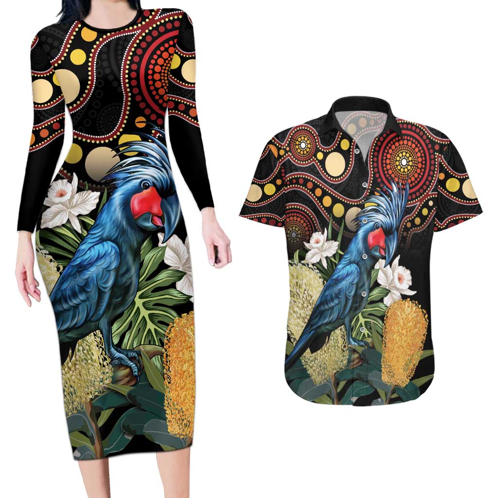 Australia Palm Cockatoo Couples Matching Long Sleeve Bodycon Dress and Hawaiian Shirt Aussie Banksia - Aboriginal Pattern