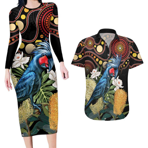 Australia Palm Cockatoo Couples Matching Long Sleeve Bodycon Dress and Hawaiian Shirt Aussie Banksia - Aboriginal Pattern