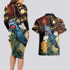 Australia Palm Cockatoo Couples Matching Long Sleeve Bodycon Dress and Hawaiian Shirt Aussie Banksia - Aboriginal Pattern