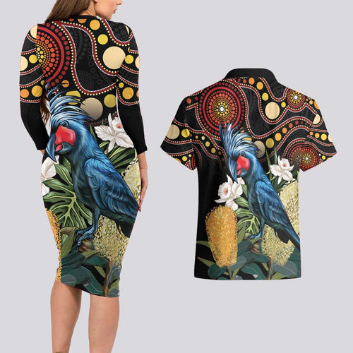 Australia Palm Cockatoo Couples Matching Long Sleeve Bodycon Dress and Hawaiian Shirt Aussie Banksia - Aboriginal Pattern