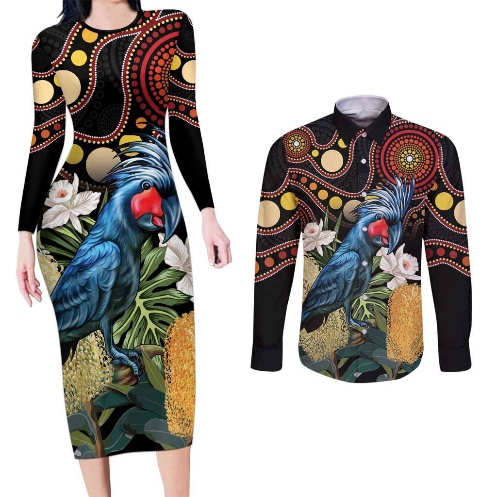 Australia Palm Cockatoo Couples Matching Long Sleeve Bodycon Dress and Long Sleeve Button Shirt Aussie Banksia - Aboriginal Pattern