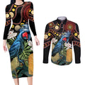 Australia Palm Cockatoo Couples Matching Long Sleeve Bodycon Dress and Long Sleeve Button Shirt Aussie Banksia - Aboriginal Pattern
