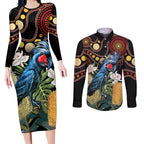 Australia Palm Cockatoo Couples Matching Long Sleeve Bodycon Dress and Long Sleeve Button Shirt Aussie Banksia - Aboriginal Pattern