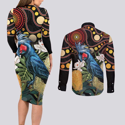 Australia Palm Cockatoo Couples Matching Long Sleeve Bodycon Dress and Long Sleeve Button Shirt Aussie Banksia - Aboriginal Pattern