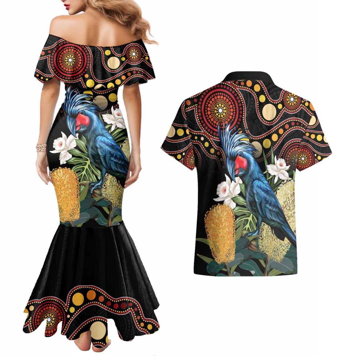 Australia Palm Cockatoo Couples Matching Mermaid Dress and Hawaiian Shirt Aussie Banksia - Aboriginal Pattern